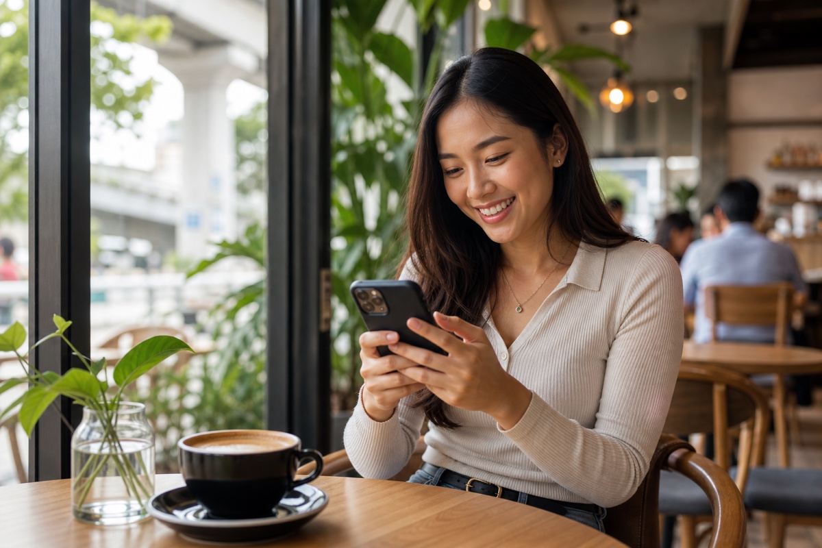 A young Thai woman smiling while using a dating app on her phone at a Bangkok cafe