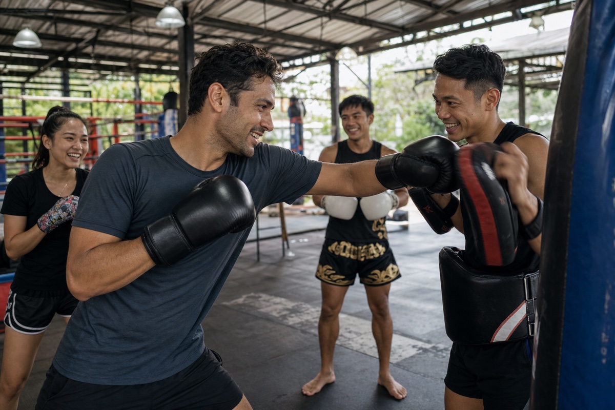 A Latino foreign man training alongside friendly Thai locals at a Muay Thai gym in Thailand