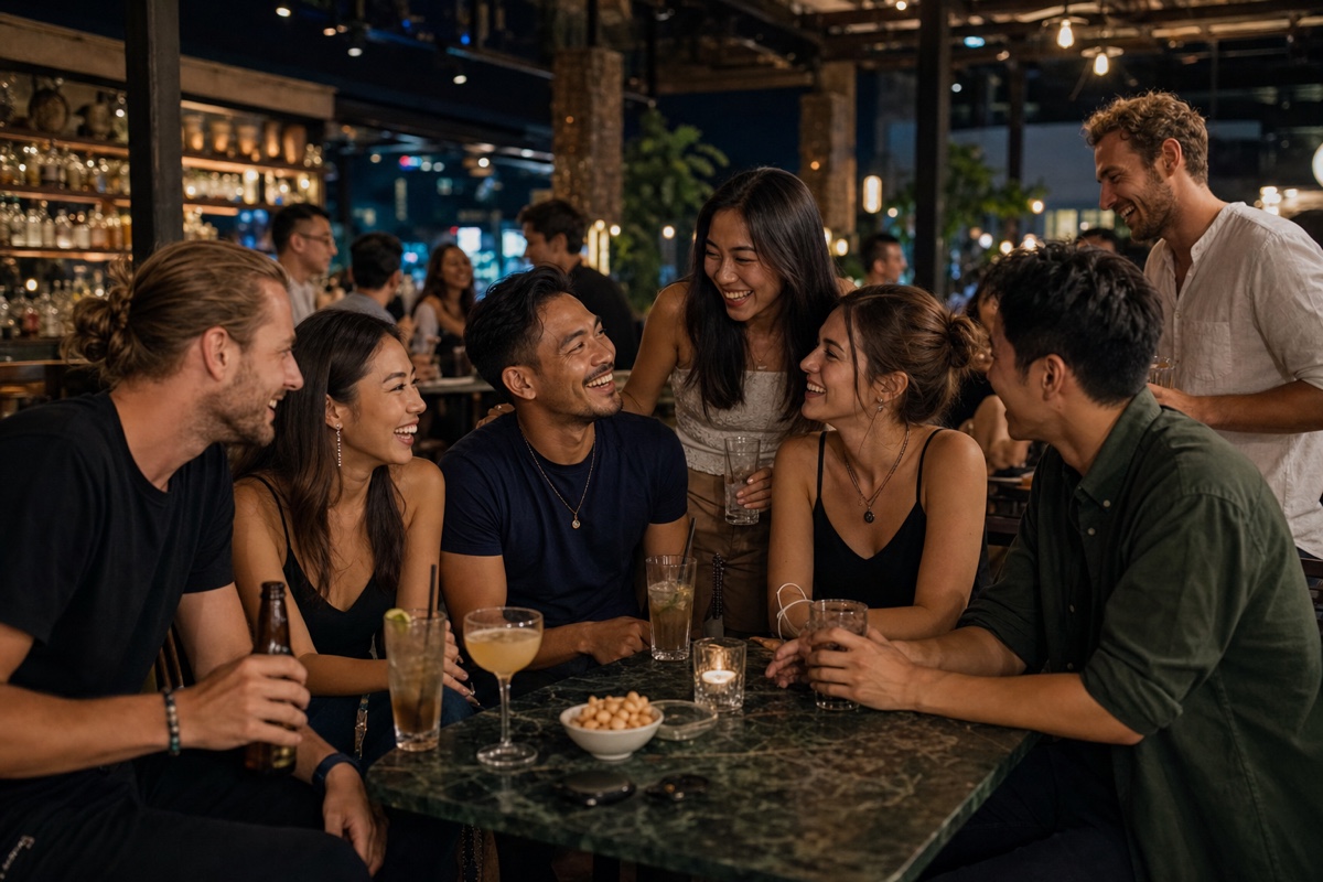 A lively mixed group of young expats and Thai locals socializing and laughing together at a casual Bangkok bar