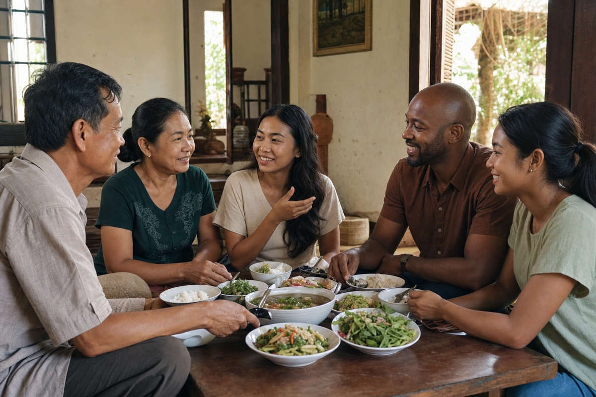 A Cambodian woman introducing her foreign partner to family over a relaxed meal