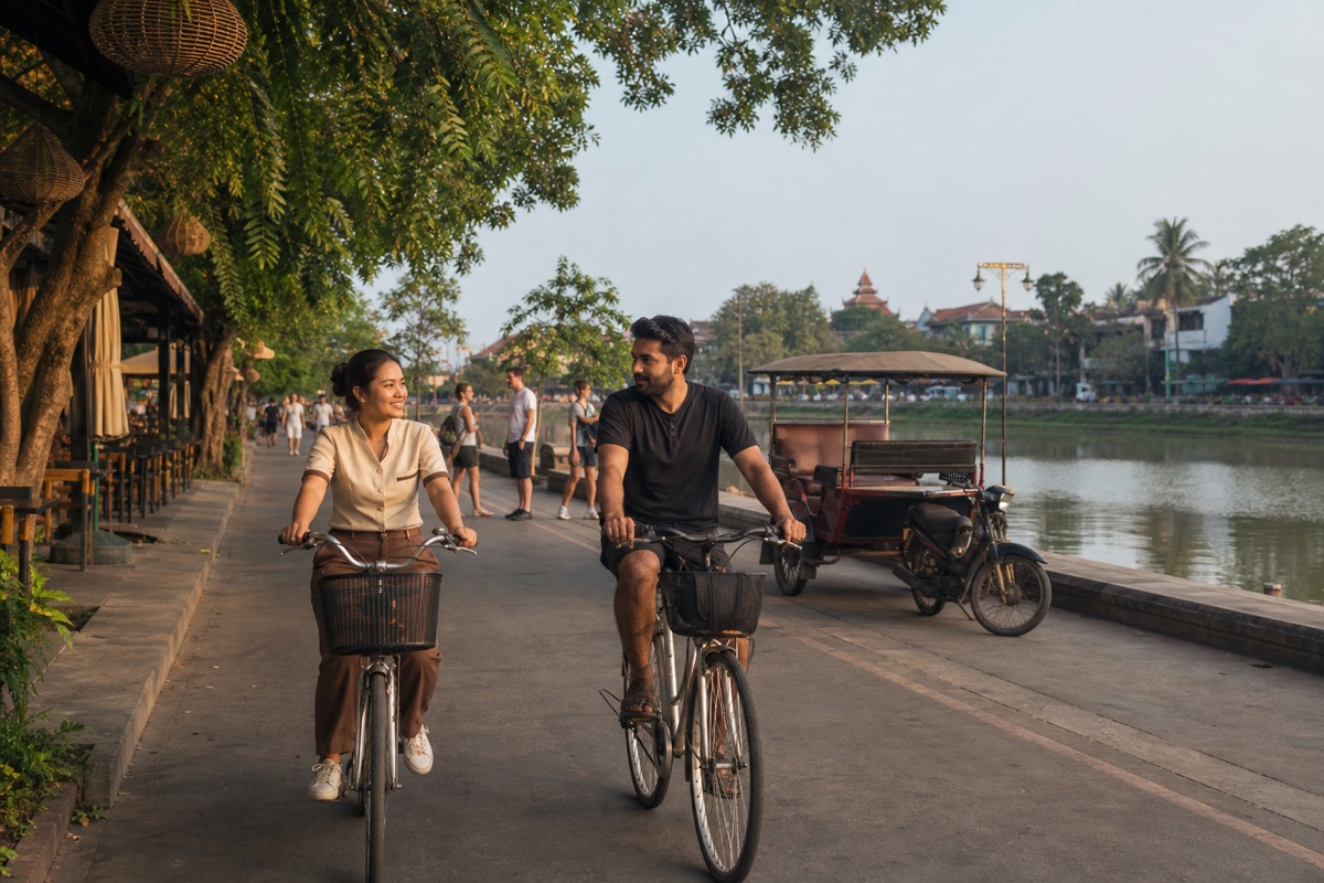 A Siem Reap couple watching the visitor season change around cafes, hotels, and Angkor