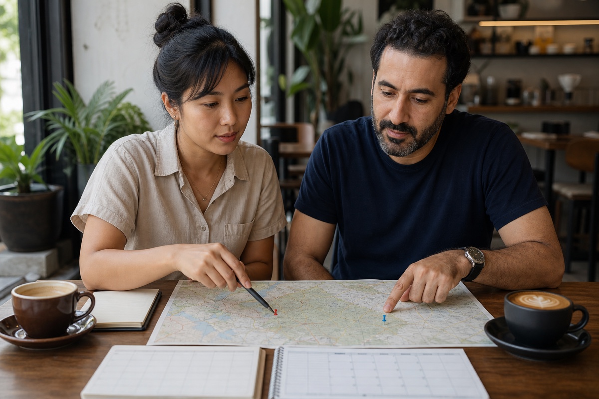 A couple comparing work, family, and departure dates before choosing a Cambodian city
