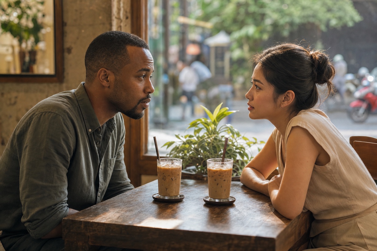 A foreign man and a Thai woman having a serious conversation over iced coffee at a Bangkok cafe