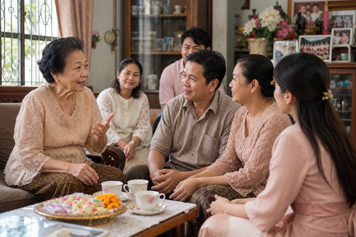 A Thai family talking warmly with an elder relative over tea in a family living room