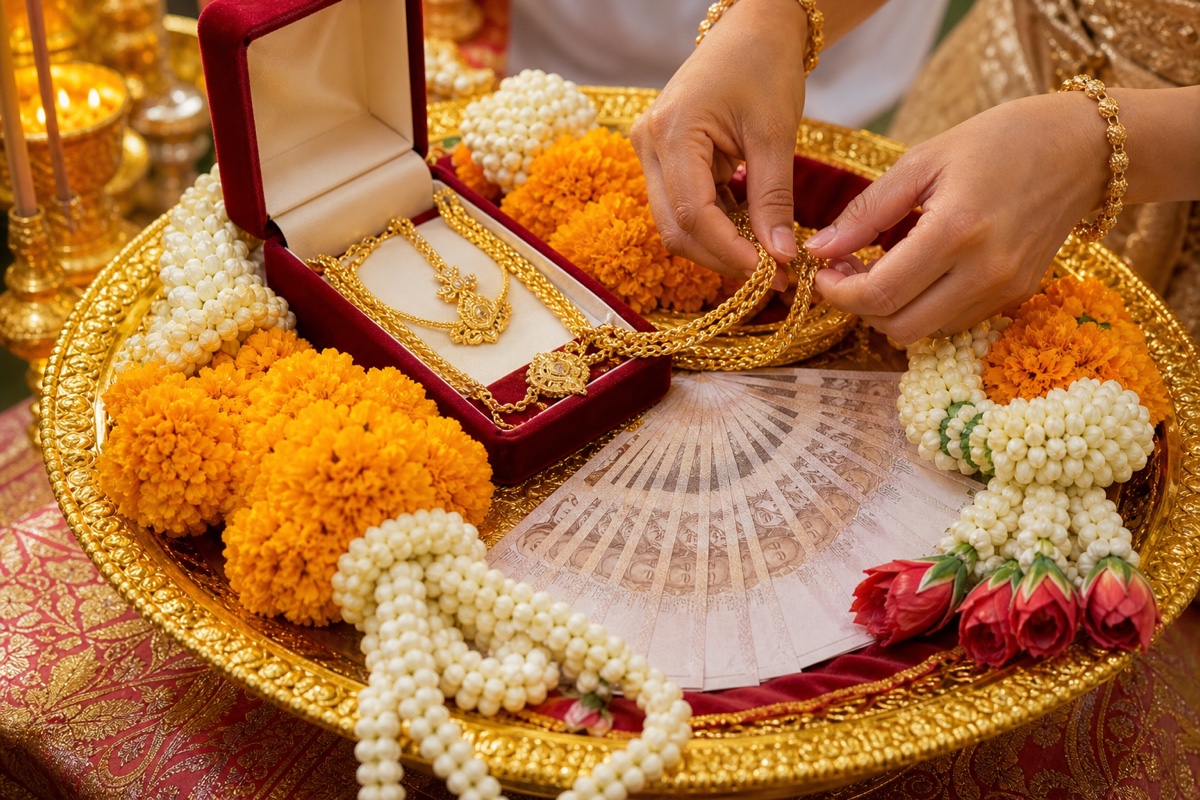 A ceremonial Thai tray holding gold necklaces, fanned banknotes, and marigold garlands at an engagement