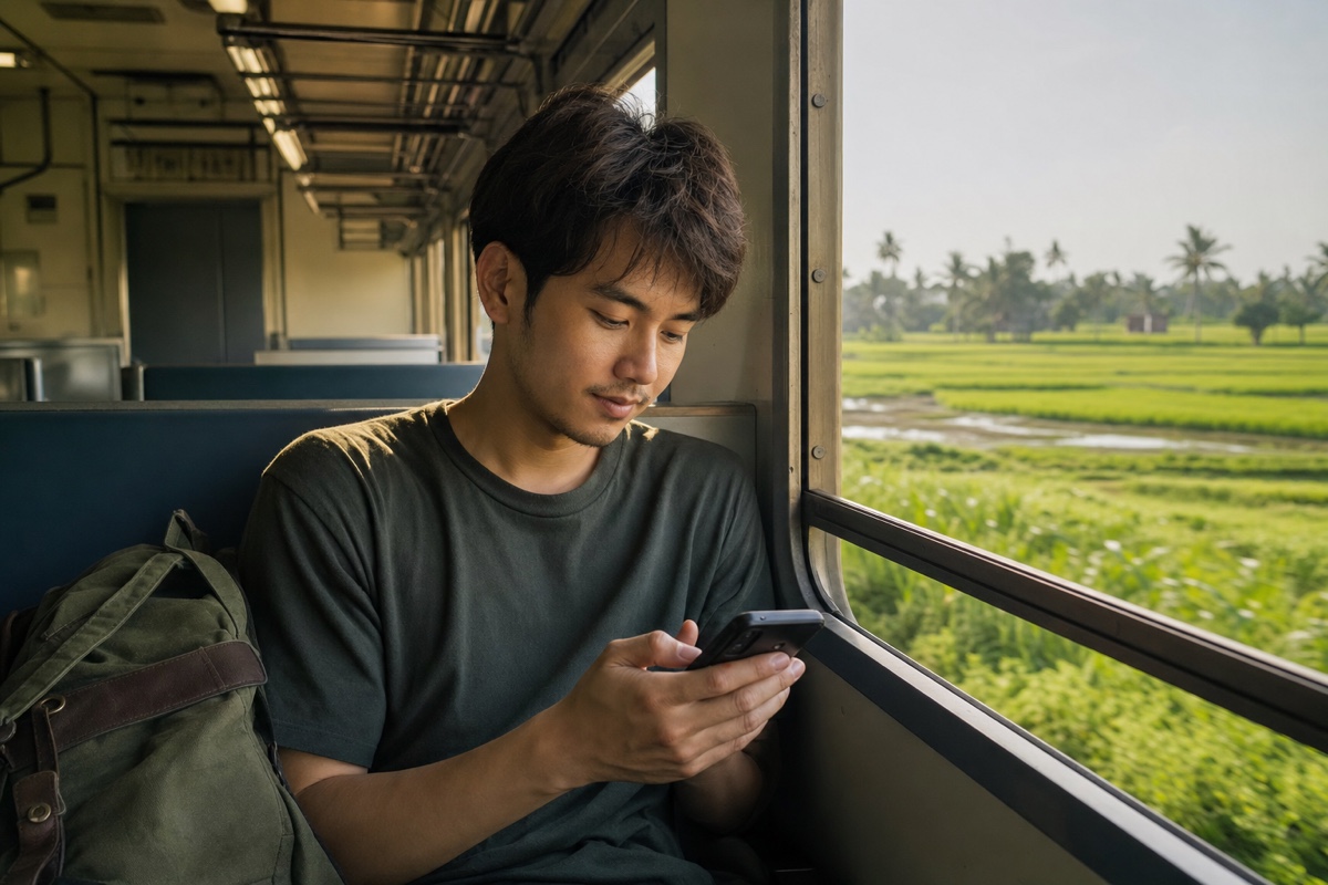 A solo foreign man on a train looking at his phone with Southeast Asian countryside passing by the window