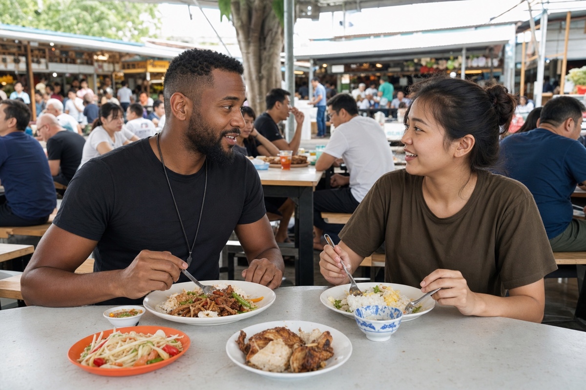 A foreign man and a local woman talking over coffee at a busy daytime cafe with other people around