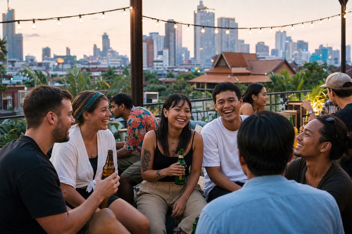 A mixed group of travellers and locals talking on a hostel rooftop terrace in the early evening