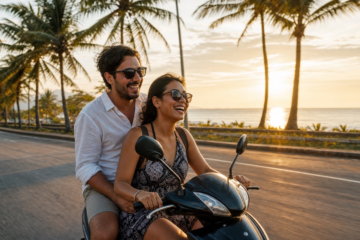 A foreign man and a local woman riding a scooter together along a coastal road at sunset