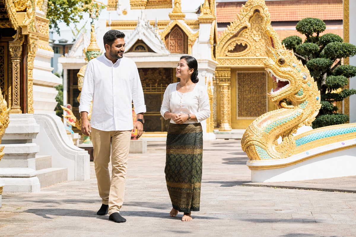A foreign man and a local woman dressed modestly visiting a temple courtyard, both respectful and relaxed