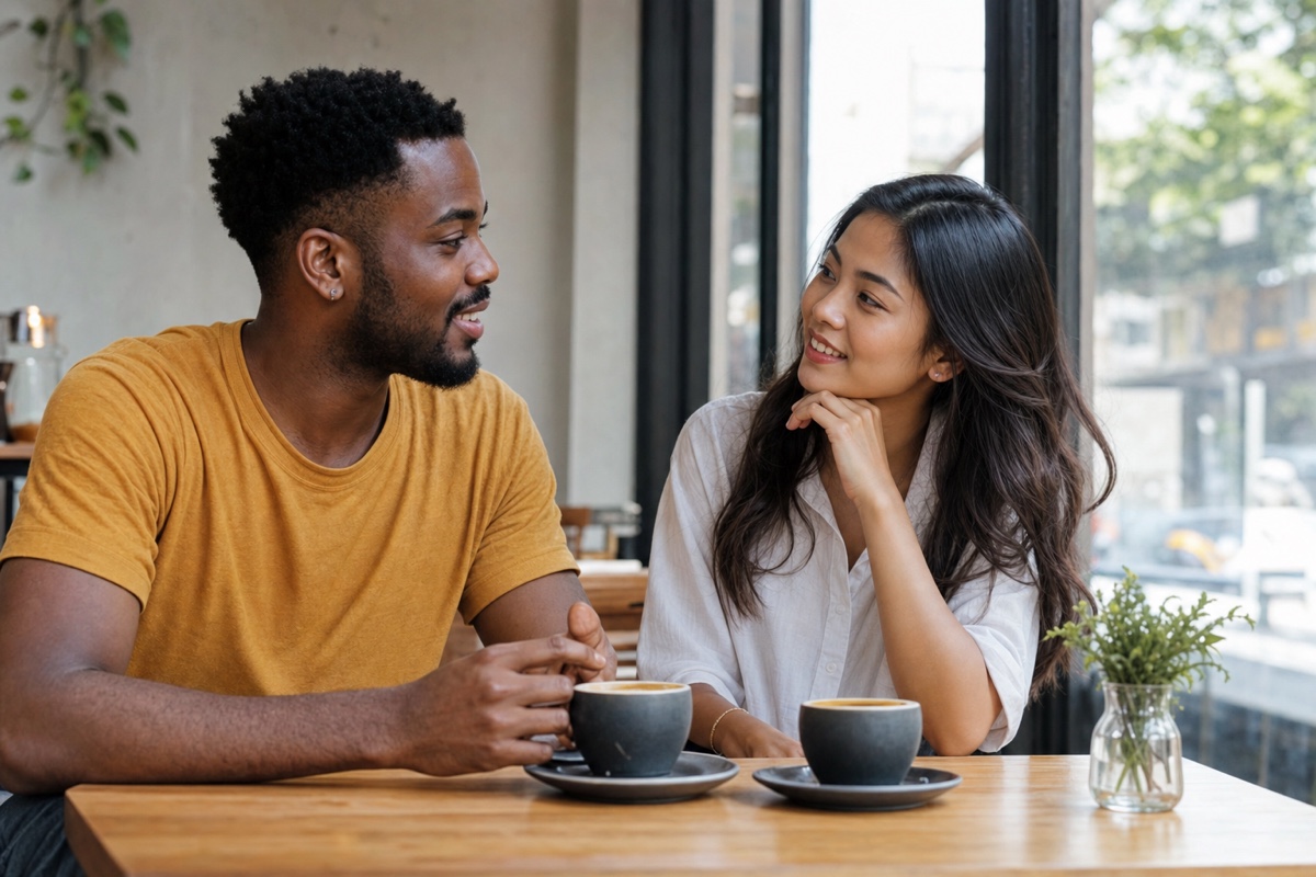 A foreign man and a Thai woman on a warm, equal coffee date at a Bangkok cafe