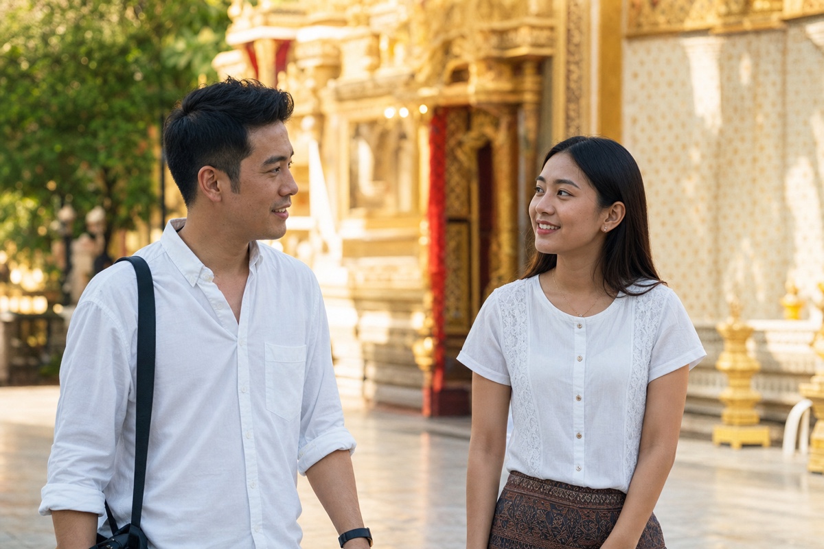 A foreign man and a Thai woman visiting a Buddhist temple together on a calm afternoon in Thailand