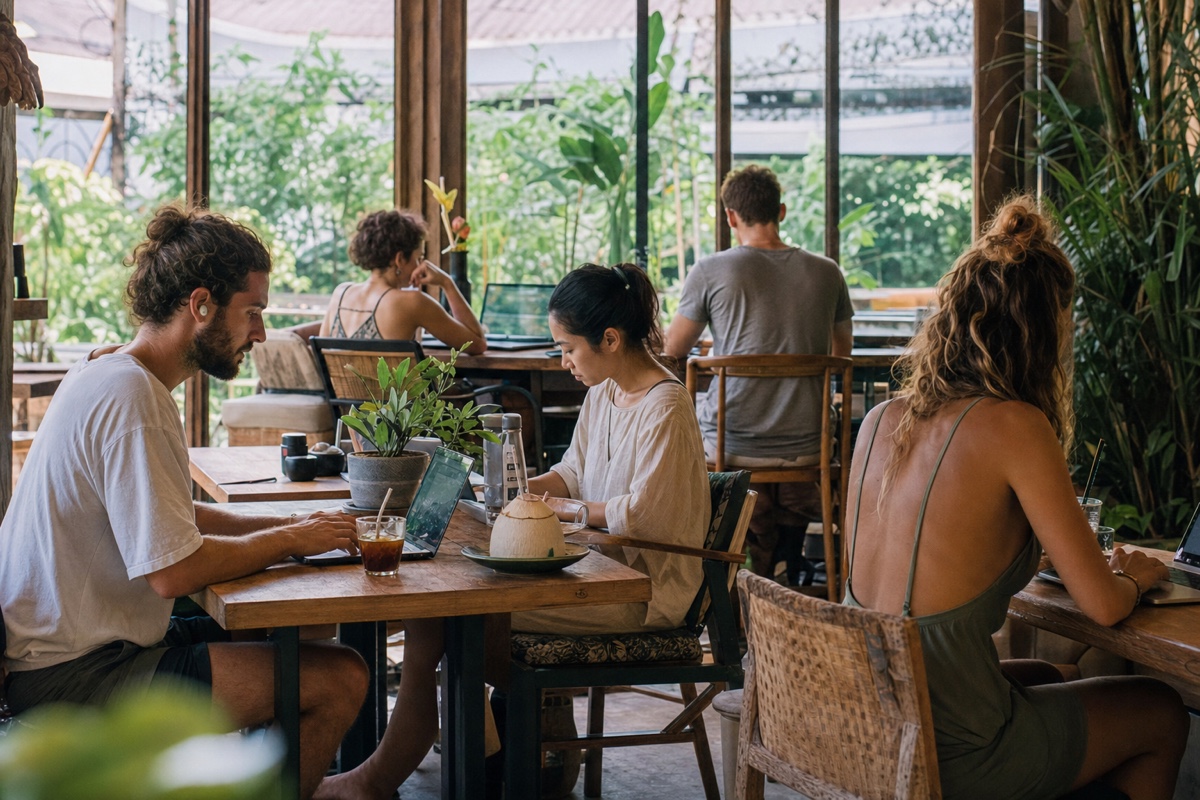 A relaxed Chiang Mai co-working cafe in the afternoon, long-stayers with laptops and iced coffee at wooden tables