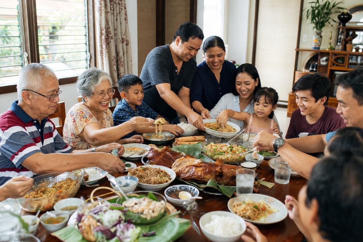 A multigenerational Filipino family sharing a big Sunday lunch around a crowded table