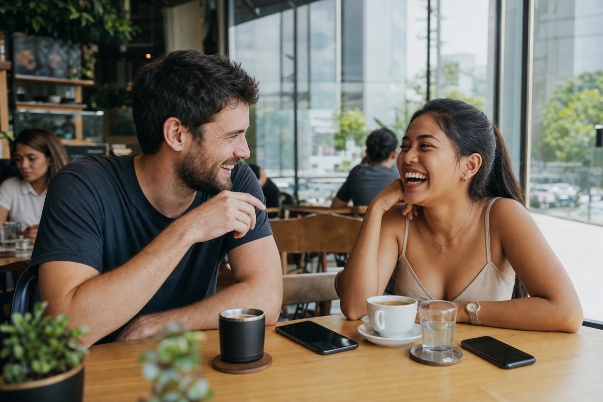 A foreign man and a Filipina laughing over coffee at a bright Manila cafe, mid-conversation