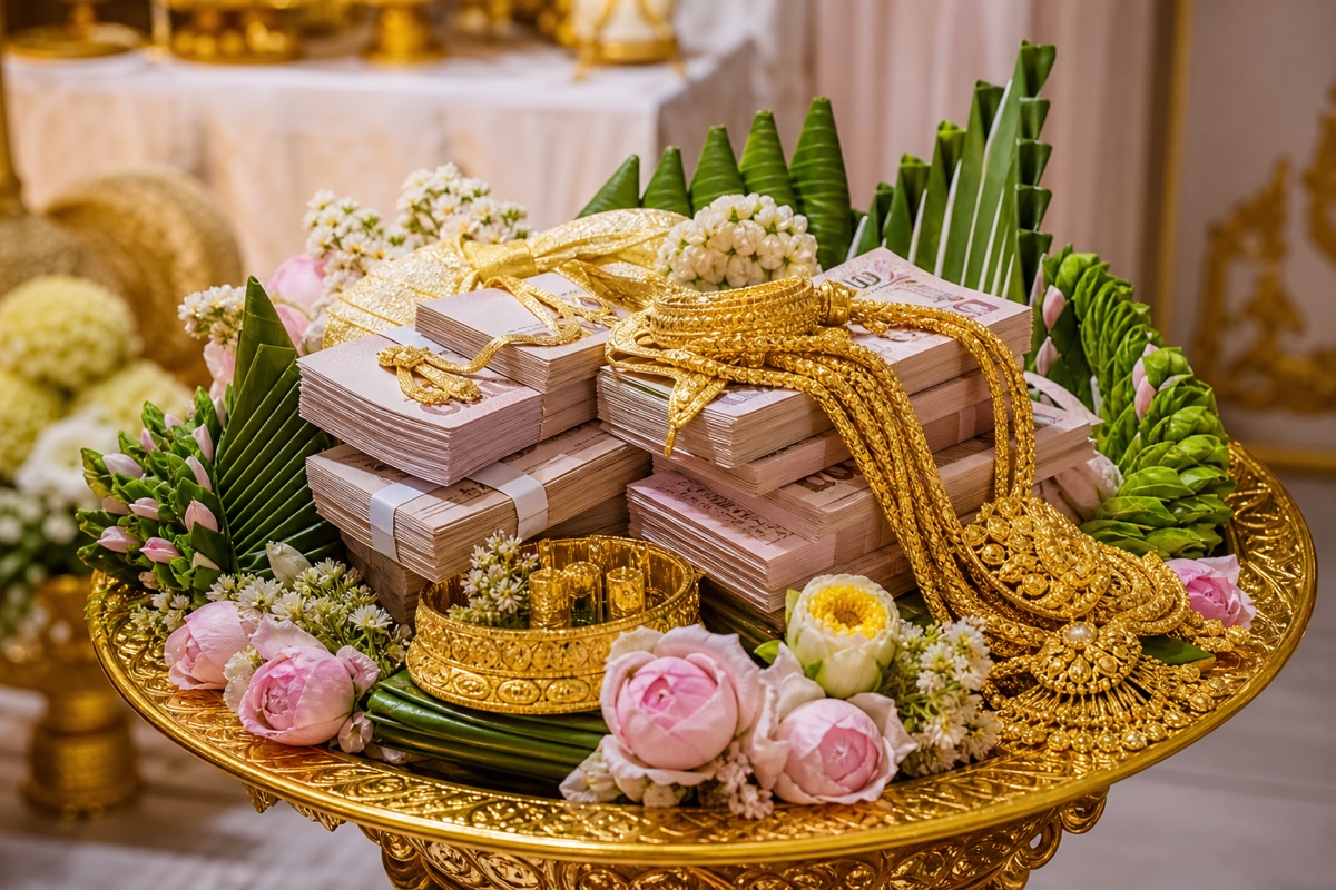 A traditional Thai engagement ceremony with sin sod cash and gold laid out on a decorated tray