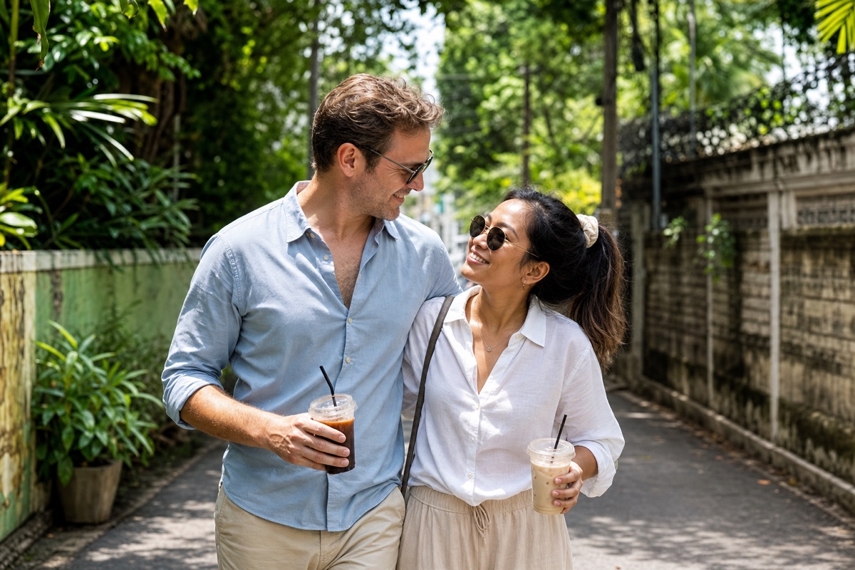 A foreign man and a Thai woman as an established couple on a relaxed weekend walk through a leafy Bangkok neighborhood