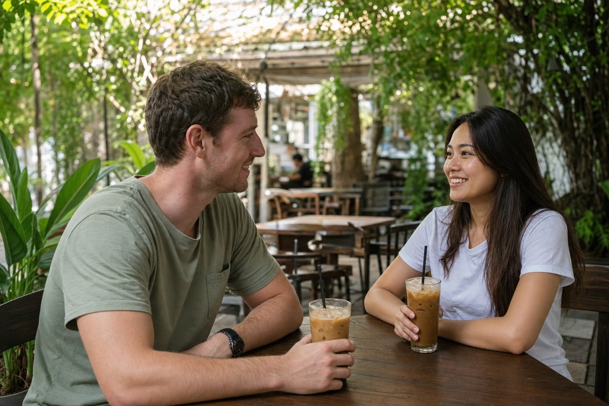 A foreign man and a Thai woman on a relaxed daytime coffee date at a leafy Chiang Mai cafe