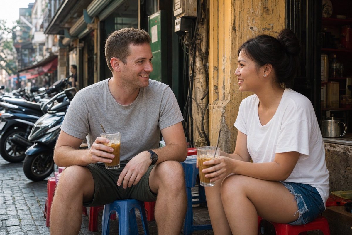 A foreign man and a Vietnamese woman on low stools sharing Vietnamese iced coffee on a Hanoi sidewalk