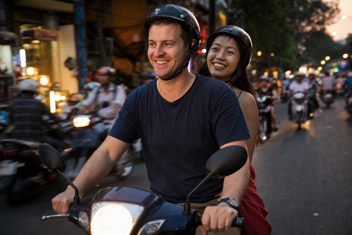 A foreign man and a Vietnamese woman riding a scooter through a Saigon street at dusk