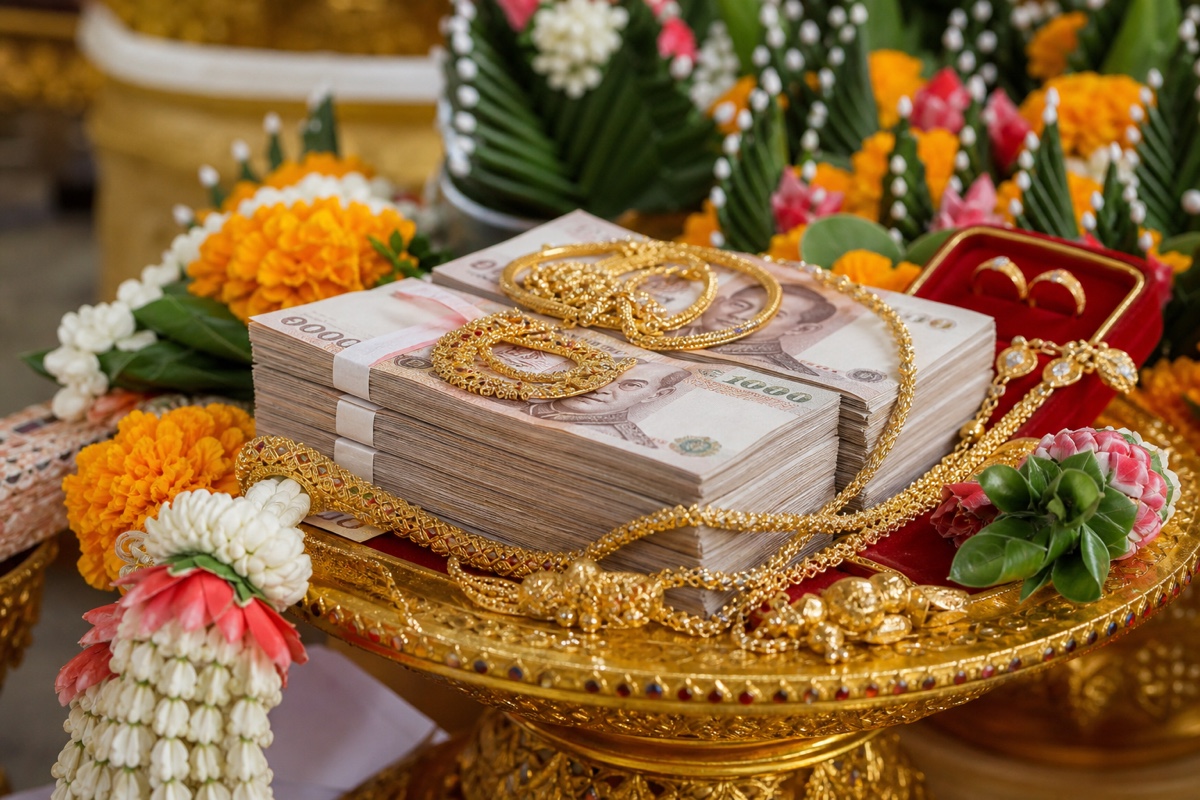 A traditional Thai engagement ceremony with the sin sod money and gold laid out on a decorated tray