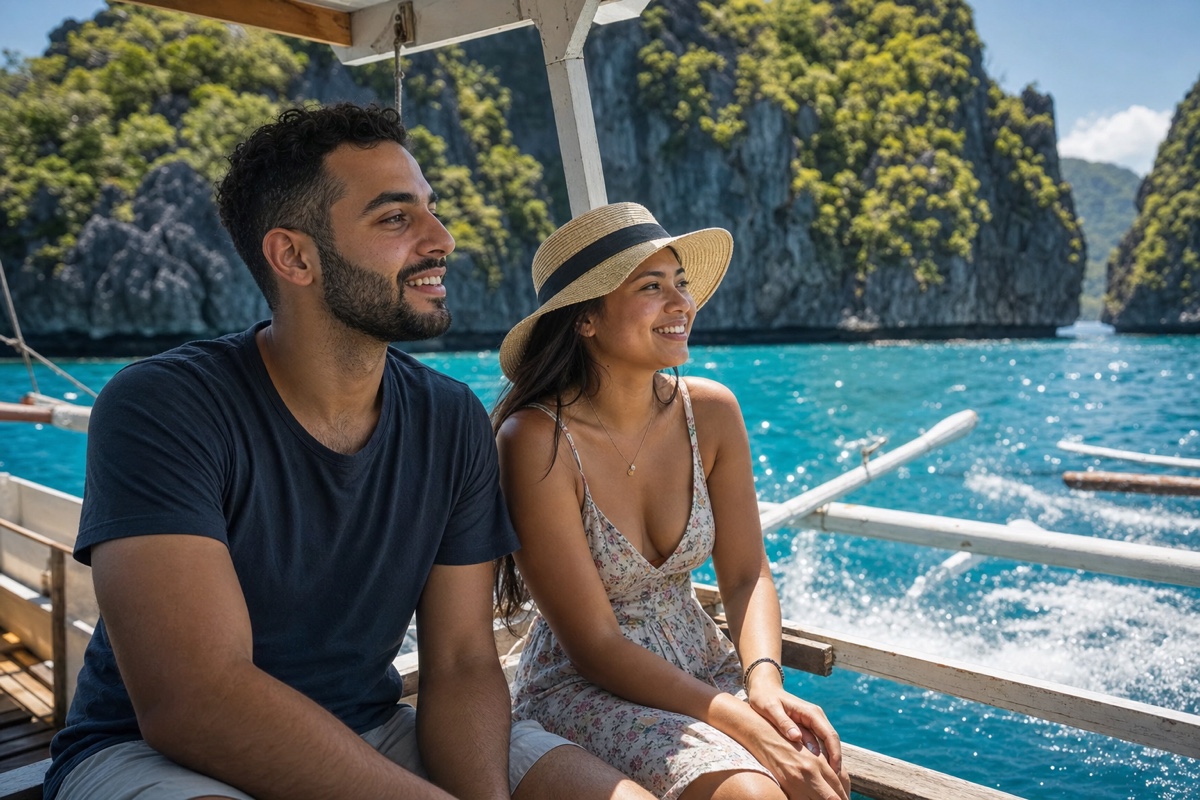A foreign man and a Filipina on an island-hopping boat over turquoise water in the Philippines
