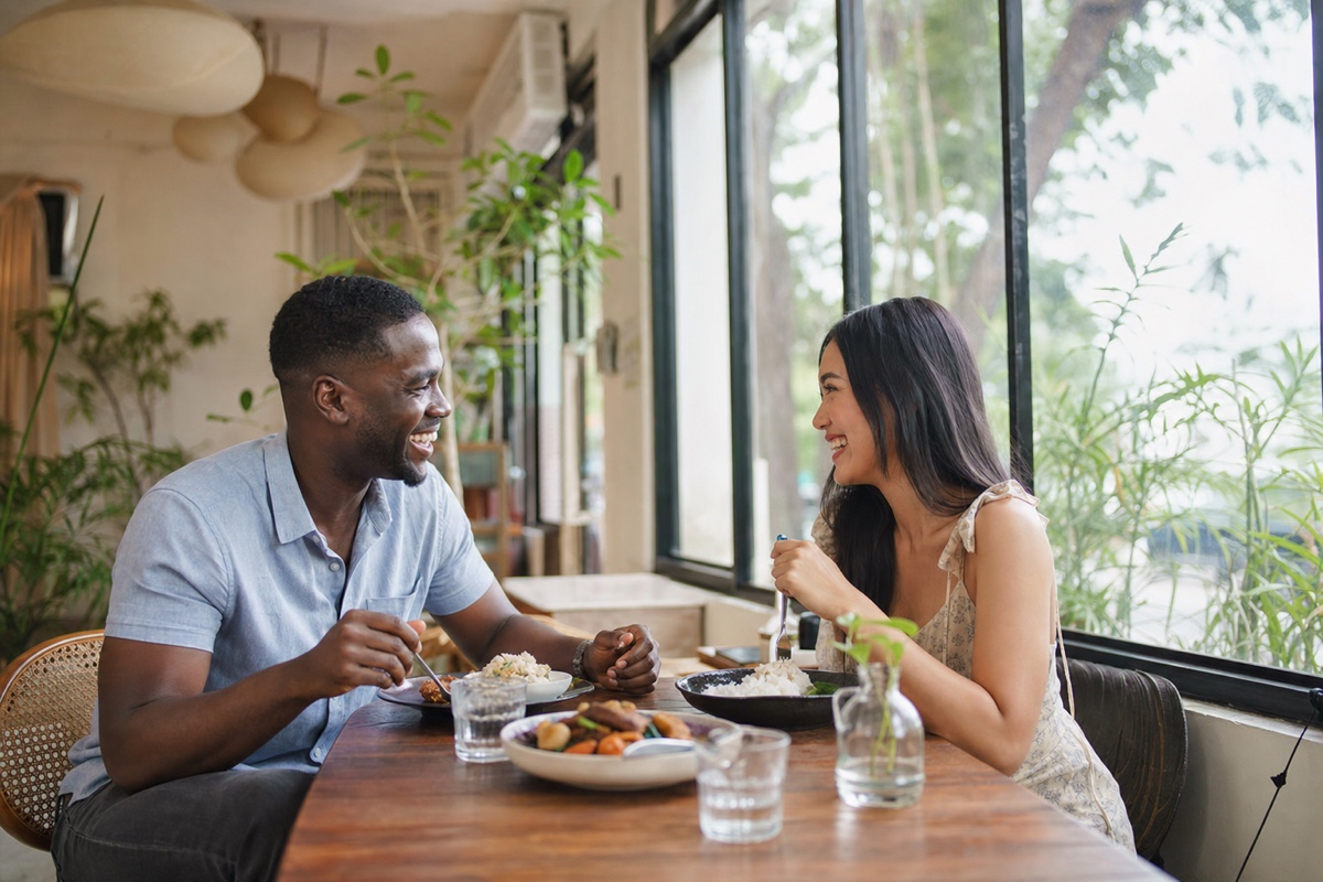 A foreign man and a Filipina laughing together over a shared meal at a bright Manila cafe