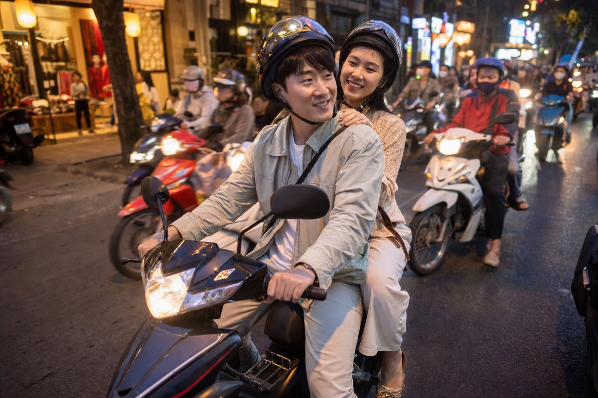 A foreign man and a Vietnamese woman riding a scooter through a Saigon street at dusk