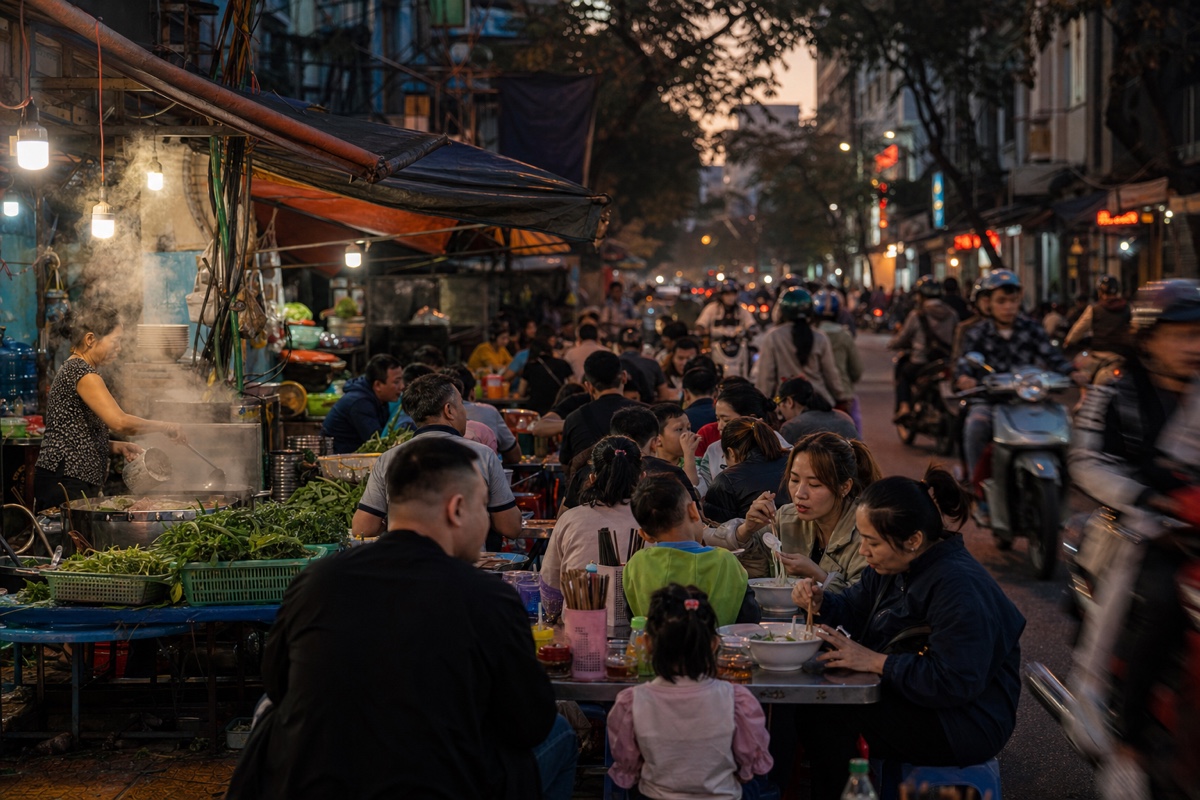 A busy Vietnamese street food market at dusk with steam rising from food stalls