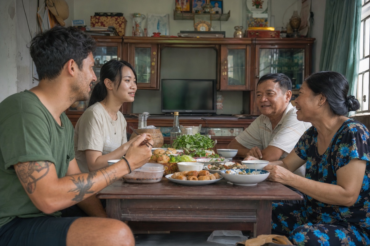 A foreign man sharing a home-cooked family meal with a Vietnamese woman and her parents around a table