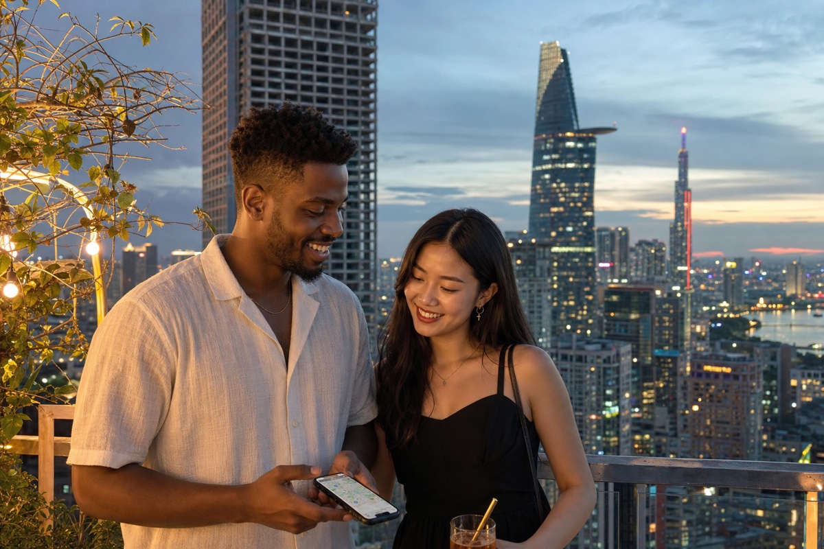 A young foreign man and a Vietnamese woman on a rooftop terrace overlooking the Ho Chi Minh City skyline at dusk